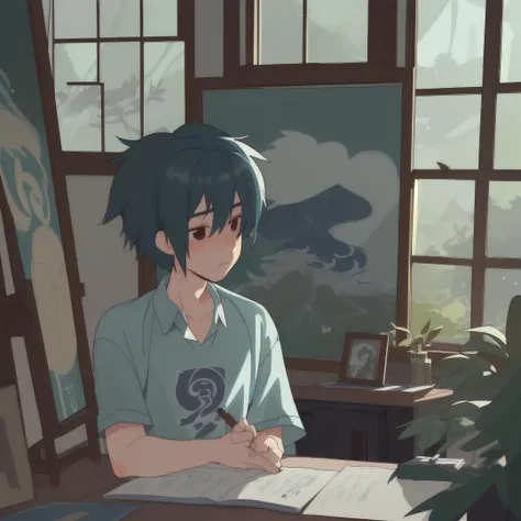 Male Cool College dorm, studious vibes with acoustic feel, beautiful natural light from window, Melancholy tone, mystical atmosphere, rejuvenated youth, (art style like Yuumei from art station:1.2), high quality, high detail, man