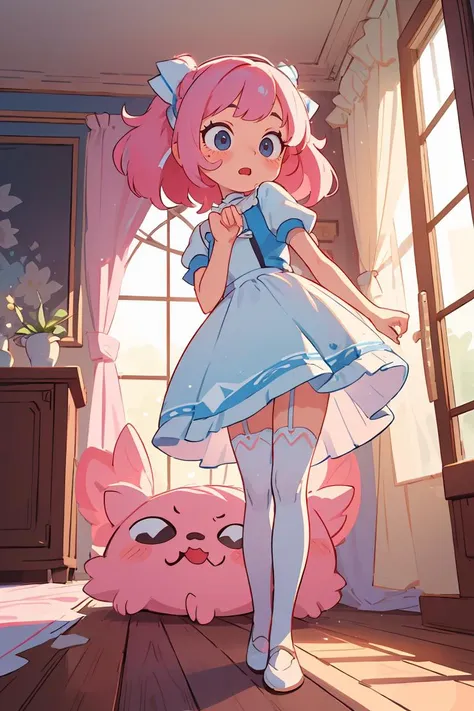 a cartoon girl in a blue dress standing next to a pink cat