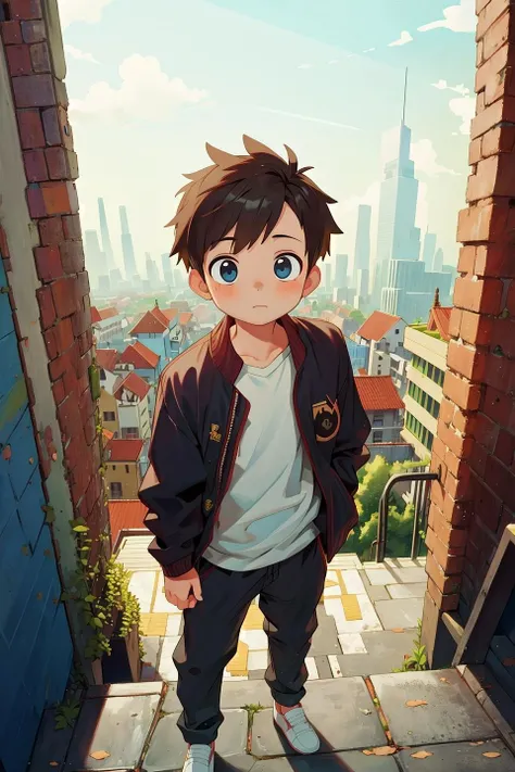 a boy standing on a ledge in a city with a cityscape in the background