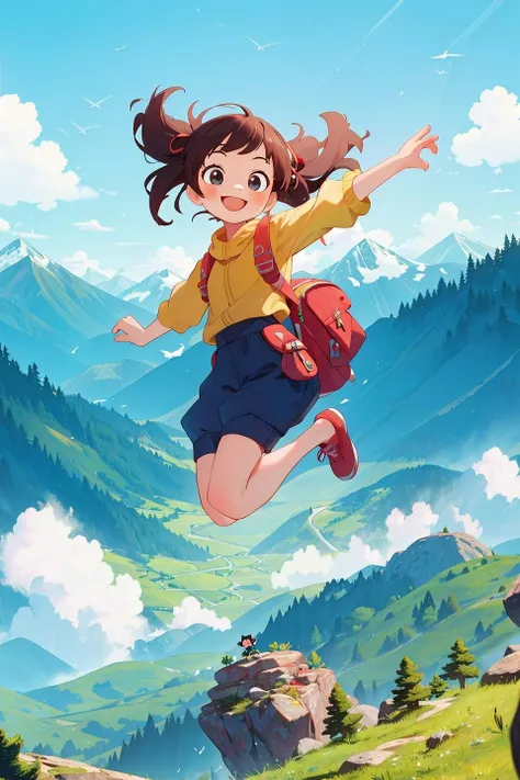 a girl flying through the air with a backpack in her hand