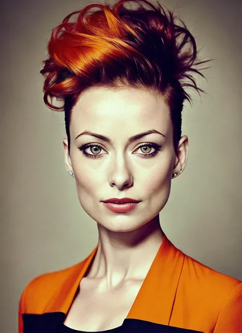 portrait of sks woman by Flora Borsi, style by Flora Borsi, bold, bright colours, orange Mohawk haircut, ((Flora Borsi)), <lora:locon_olivia_v1_from_v1_64_32:1.3>