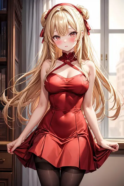 (masterpiece, best quality), 1girl, blonde hair, red dress, pantyhose, cute face, blush, <lora:add_detail:1>