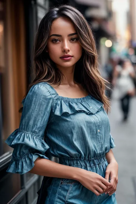 perfect cinematic shoot of a beautiful woman (EPD4n1T0rr3s:.99), a woman standing in a (interesting fantasy city), perfect updo, wearing sexy (Chambray Blue  Ruffle Blouse, Cargo Capris :1.2), (people in background:1.1), (detailed background:1.1), (face fo...