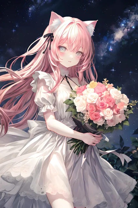 1 KAWAII cat girl. white gothic dress, flower garden, starry sky, Light reflects on the skin. bouquet.
pink hair hair, Long hair, grey eye, white skin.
Exact Physics. Perfect anatomy, best quality. ultra detailed.
 <lora:add_detail:1>