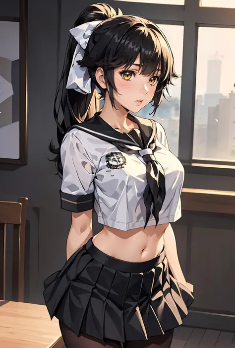 (masterpiece, best quality), 1girl,   <lora:takao_SD1.5_v1.0:0.8>  takao_(azur_lane),ponytail, black_hair,,long hair,black serafuku,black skirt, midriff,pantyhose,