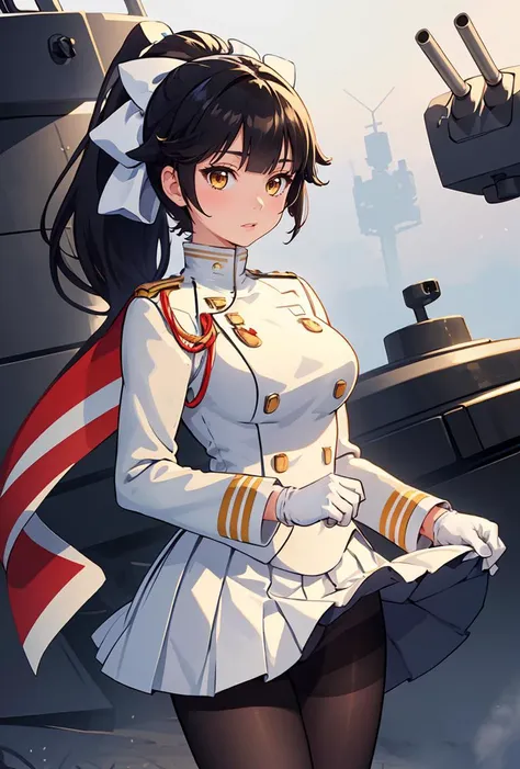 (masterpiece, best quality), 1girl,    <lora:takao_SD1.5_v1.0:0.8> takao_(azur_lane),ponytail, black_hair,long hair, military_uniform,white_gloves, white_skirt, pantyhose,