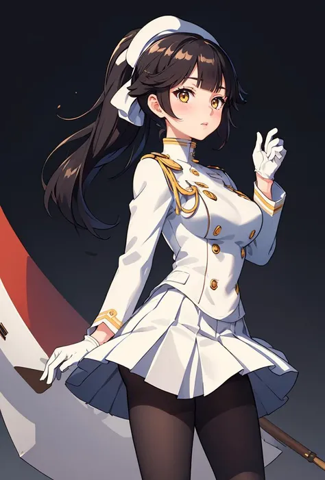 (masterpiece, best quality), 1girl,    <lora:takao_SD1.5_v1.0:0.8> takao_(azur_lane),ponytail, black_hair,long hair, military_uniform,white_gloves, white_skirt, pantyhose,