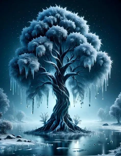 frozen tree, frozen lake, trees, mist, extreme detail, high quality, dark, scifi, cinematic feel, dark contrast, night scene, snow, ice, dark skies, cloud, strong backlight, viginette, icicles <lora:watce-sdxl-v2:1> watce