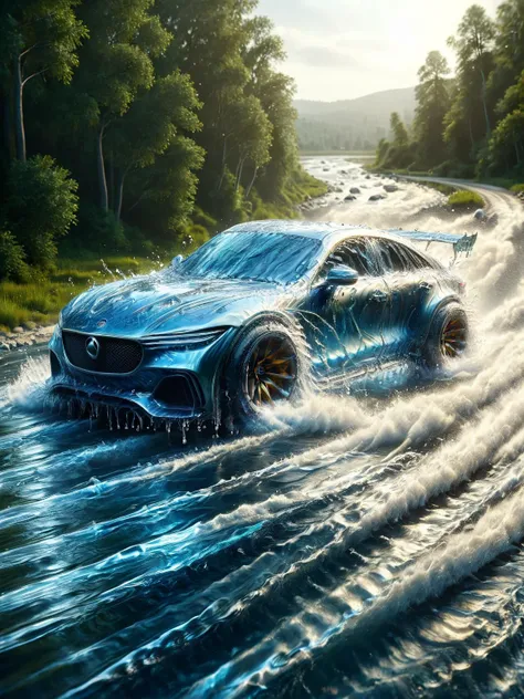 watce, An F1 car racing along the track made of watce, water trails behind due to the speed, stunning visual image of speed and power, <lora:watce-sdxl:1>, dynamic, cinematic, masterpiece, intricate, hdr.