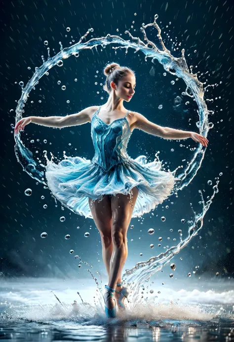 water splash,beautiful ballerina wearing a watce dress,water splash,rain,highly detailed, sharp focus, studio photo, highly detailed, dynamic shot, masterpiece, intricate, hdr, cinematic shot,ral-elctryzt