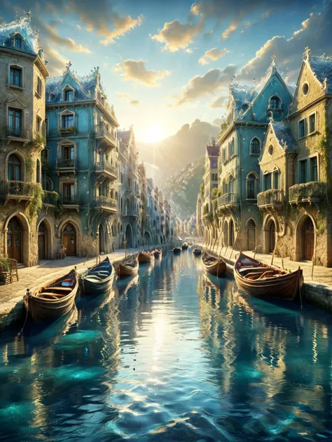 watce, A whimsical scene of a city where the streets are rivers of crystal-clear water, with boats instead of cars, surrounded by vibrant, water-reflected buildings <lora:watce-sdxl:1>, dynamic, cinematic, masterpiece, intricate, hdr.