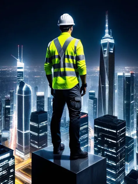 arafed construction worker standing on a ledge in front of a city at night