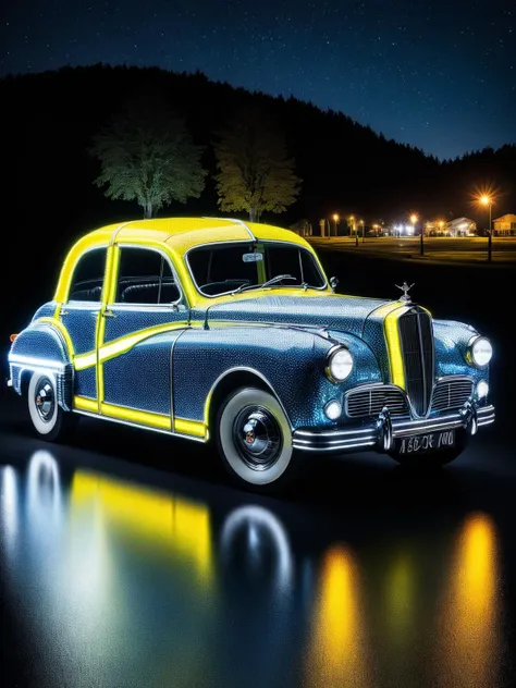 arafed image of a classic car parked in a parking lot at night