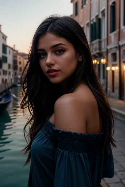 perfect cinematic shoot of a beautiful woman (EPV4l3r14C4rruy0:.99), a woman standing at a venice, gondola ride, perfect hair, wearing sexy Zaffre (Deep blue pigment) (Off-the-shoulder blouse with a flounce overlay and lace trim), (bioluminescent algae blo...