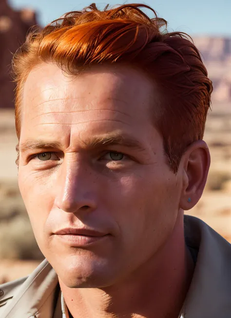 portrait of sksman, coy , wearing shirt , with side part orange Quiff , background desert epic (photo, studio lighting, hard light, sony a7, 50 mm, matte skin, pores, colors, hyperdetailed, hyperrealistic), <lyco:Paul Newman:1.0>