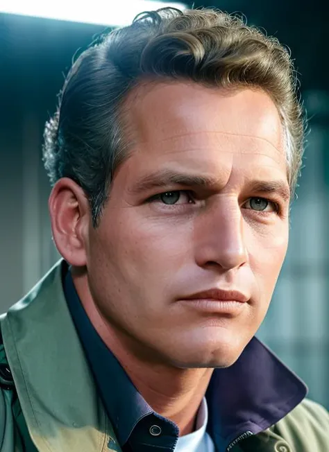 portrait of sksman, thoughtful , wearing trench coat , with quiff titian Curly hair , background prison epic (photo, studio lighting, hard light, sony a7, 50 mm, matte skin, pores, colors, hyperdetailed, hyperrealistic), <lyco:Paul Newman:1.0>