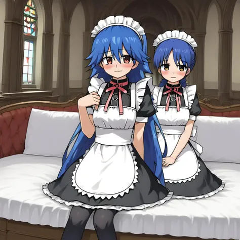 maid costume, sitting, dark blue hair, long green hair, cute