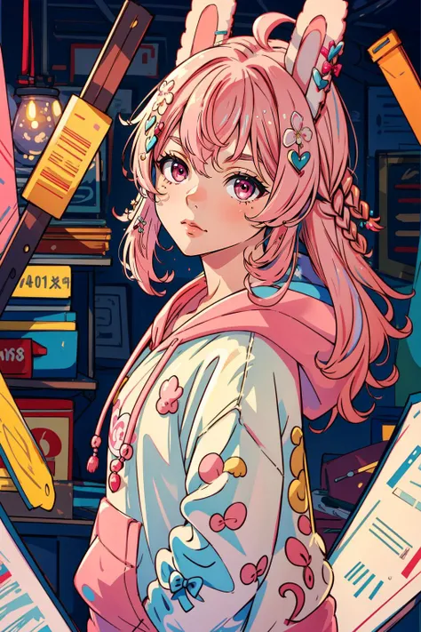 (masterpiece, best quality),  intricate details,
1girl,  <lora:Pippa:0.8> pippa, virtual youtuber, pink hair, hair ornament, rabbit ears, pink eyes, hoodie,