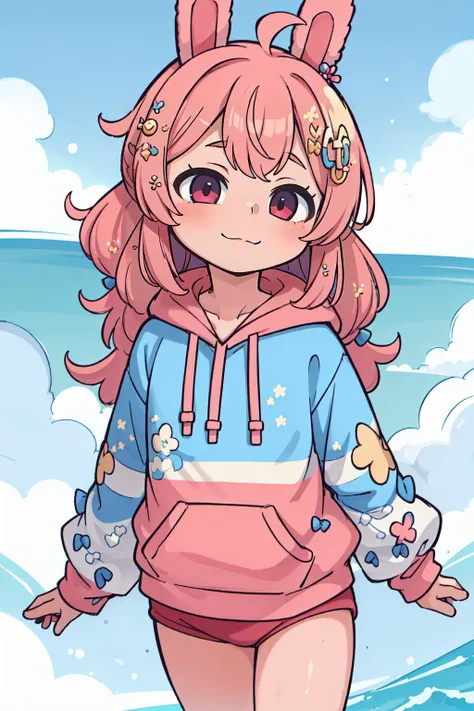 a cartoon girl in a hoodie walking on the beach