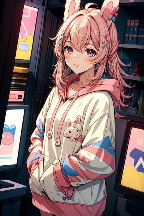 (masterpiece, best quality),  intricate details,
1girl,  <lora:Pippa:0.8> pippa, virtual youtuber, pink hair, hair ornament, rabbit ears, pink eyes, hoodie,