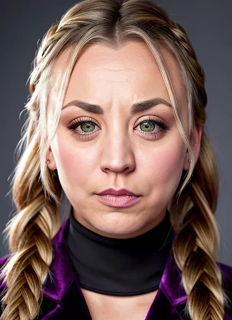 portrait of Kaley Cuoco, grimace , wearing velvet , with copper Fishtail braid , background winter epic (photo, studio lighting, hard light, sony a7, 50 mm, matte skin, pores, colors, hyperdetailed, hyperrealistic), <lyco:Kaley Cuoco:1.1>