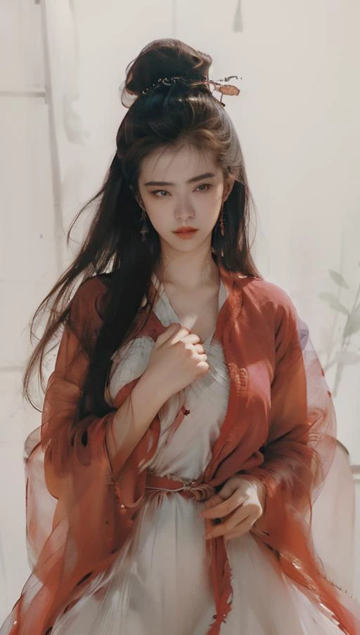 <lora:niexiaoqian-v1:0.9>,A Chinese Ghost Story,
(wangzuxian:1.1),(niexiaoqian:1.2),qiannvyouhun,1girl,solo,black hair,long hair,chignon,mole,realistic,robe,jewelry,lips,earrings,hair bun,chinese clothes,hanfu,the protagonist is on the right side of the sc...