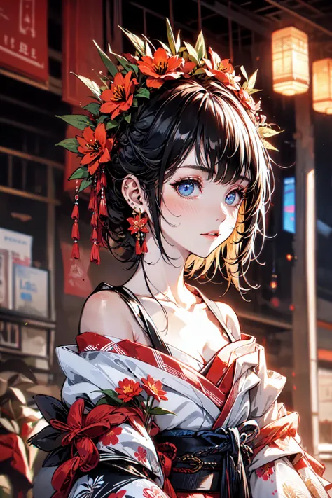 (midjourney1.2),1girl, bangs, bare shoulders, blue eyes, blush, breasts, cleavage, closed mouth, collarbone, earrings, egasumi, eyebrows visible through hair, floral print, flower, hair ornament, japanese clothes, kimono, looking at viewer, off shoulder, p...