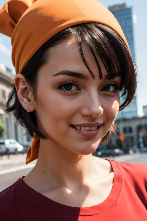 arafed woman with a red shirt and a brown hat