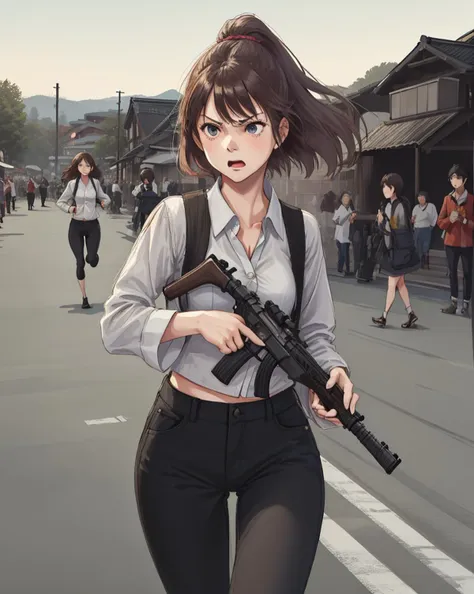 anime girl with gun walking down street with people walking by