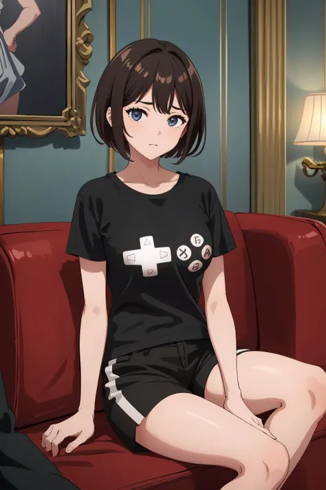 (masterpiece,best quality,absurdres,cinematic lighting,high detail,ultra-detailed),1girl,very short hair,brown hair,game controller print,black t-shirt,black shorts,sitting on couch,relaxing,exhausted,indoors,facing viewer,(in ornate room),(arms at sides),...