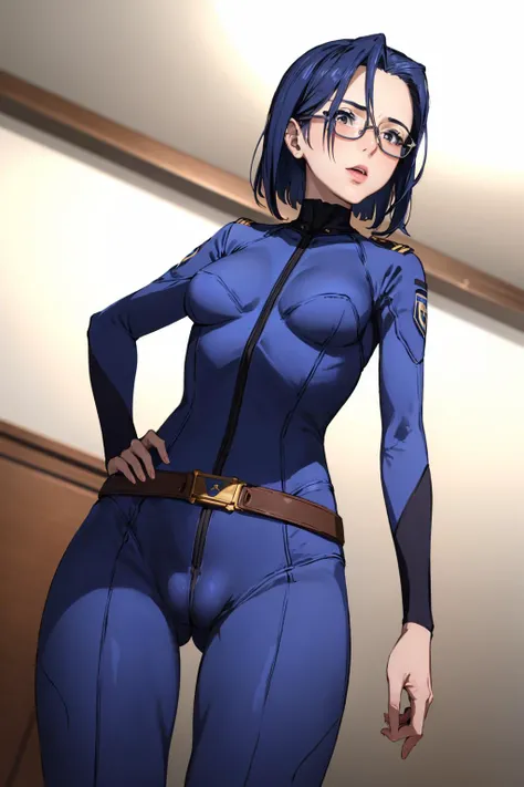 (best quality, masterpiece:1.2), ultra detailed face, 1girl, <lora:SpaceBattleshipYamato2199_NiimiKaoru:0.9>, niimi kaoru, short hair, blue hair, glasses, medium breasts, long eyelashes, 
(looking at viewer, looking down:1.1),
NiimiBodysuit, blue bodysuit,...