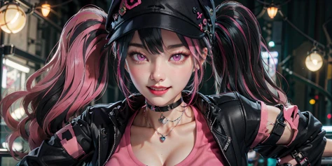 zoe(palworld),1girl,solo,jacket,black jacket,twintails,black hair,multicolored hair,streaked hair,smile,jewelry,hat,looking at viewer,necklace,pink eyes,crop top,long hair,black headwear,upper body,choker,baseball cap,shirt,breasts,open jacket,virtual yout...