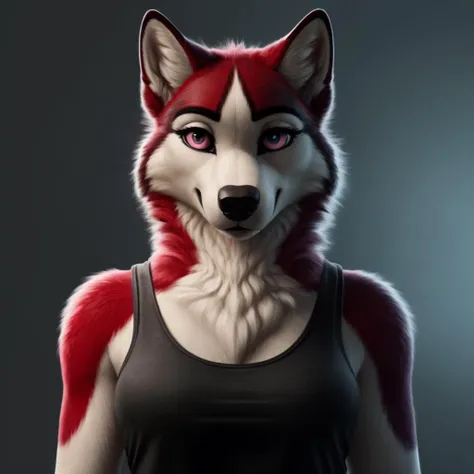 a woman with red hair and a black top is standing next to a wolf