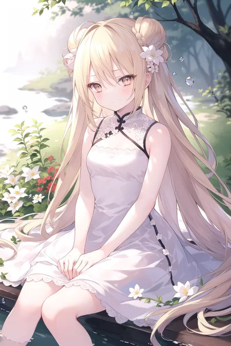 anime girl sitting on a log in a forest with flowers