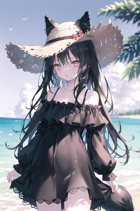 a woman in a hat and dress standing on a beach