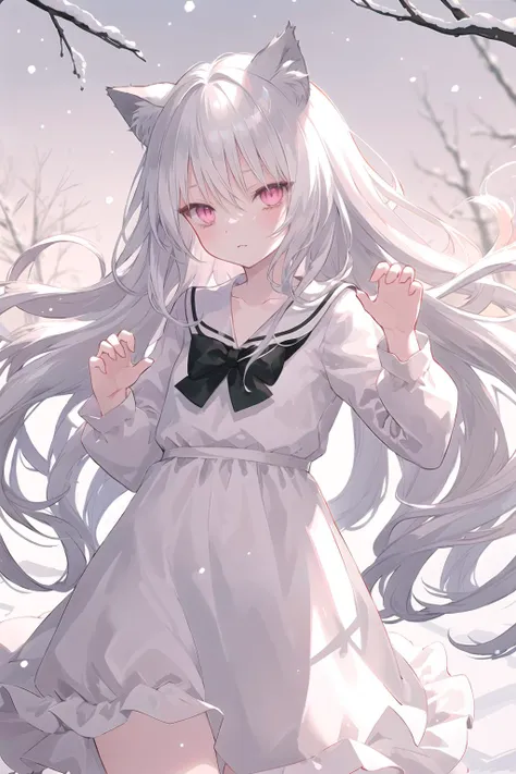 anime girl with long white hair and black bow tie in snow