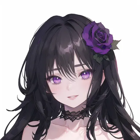 anime girl with long black hair and purple rose in her hair