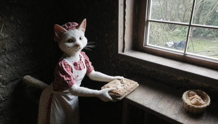 anthro cat, baking bread in a cozy cottage