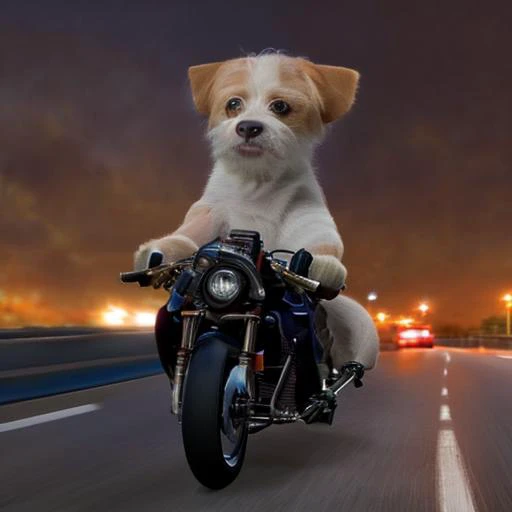 arafed dog riding a motorcycle on a highway at night