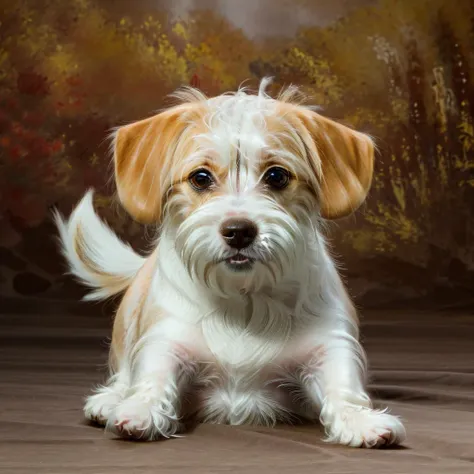 painting of a dog sitting on a wooden floor with a brown background