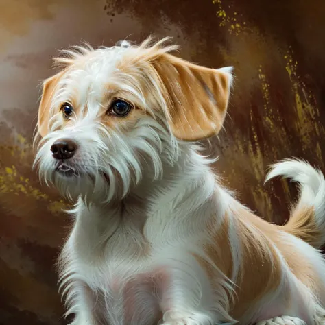 painting of a dog sitting on a rock looking at the camera