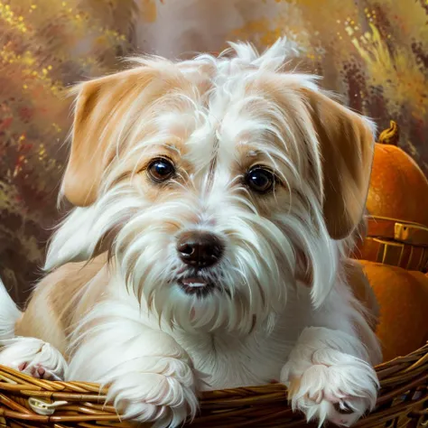 there is a dog that is sitting in a basket with a pumpkin