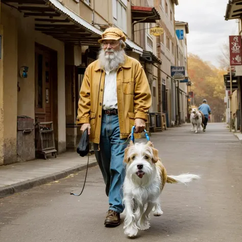 araffe walking a dog on a leash down a city street