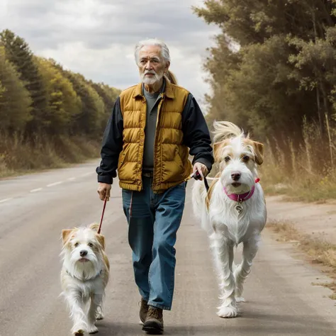 there is a man walking two dogs down the road