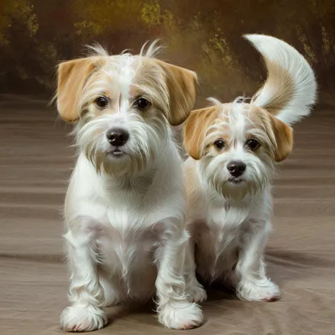 there are two small dogs sitting next to each other on a brown floor