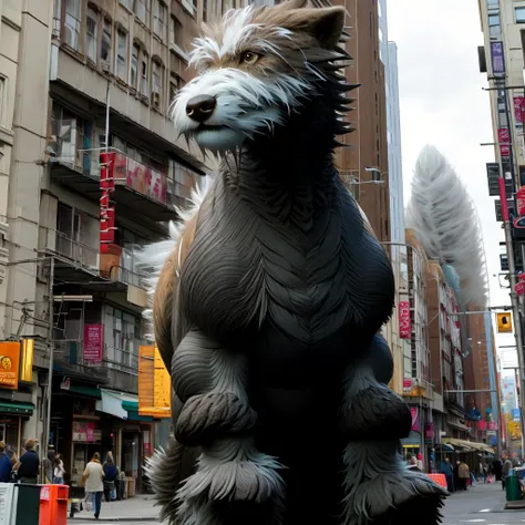 A giant  20 foot tall humongous Godzilla dog, downtown
 <lora:Lora_Zip:1.0 >