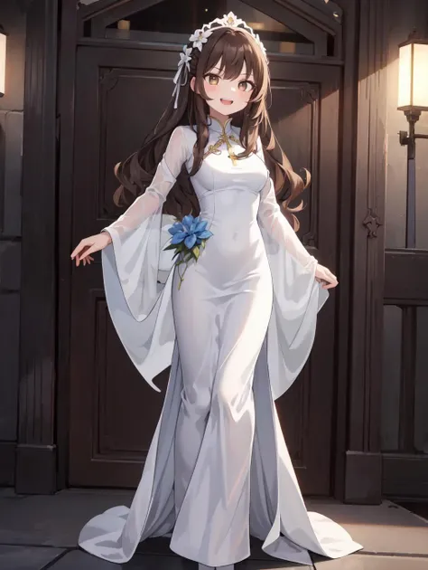 (masterpiece, best quality, highres:1.2), 1girl, solo, medium breasts, hetero, day, love hotel, colorful, prom hairstyle, brown hair, sidelocks, wavy hair, dark brown eyes, glaring, Standing with one arm extended, white ao dai, plant, teeth, smile, other f...