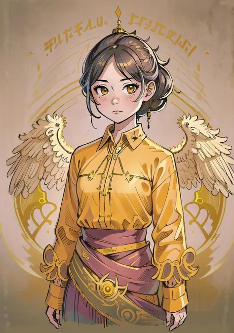 a drawing of a woman with wings and a golden shirt