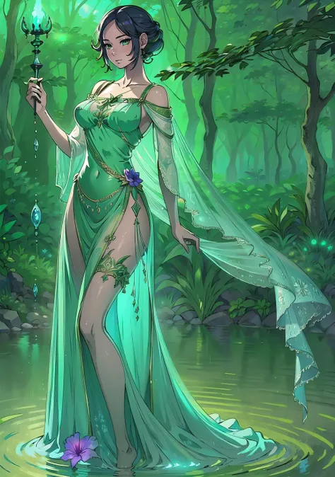 a woman in a green dress holding a green torch in a pond