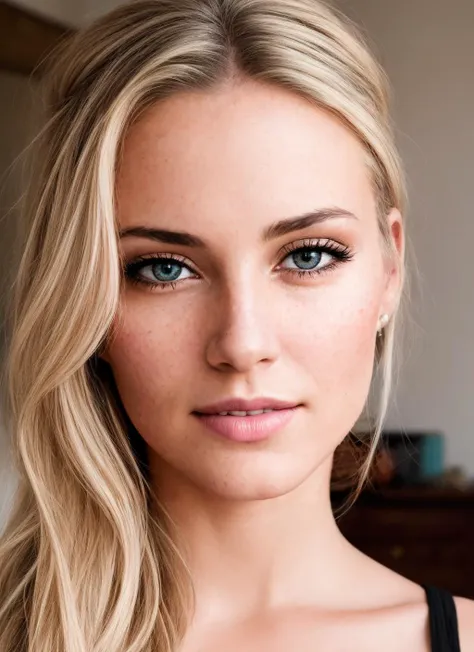 a close up of a woman with long blonde hair and blue eyes